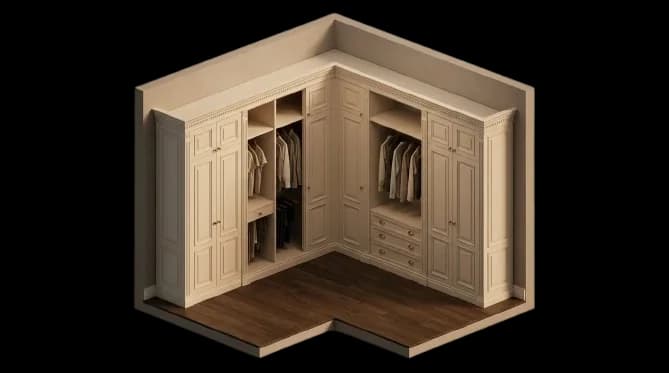 Isometric cutaway of a neo-classic wardrobe run with painted, framed, raised-panel fronts