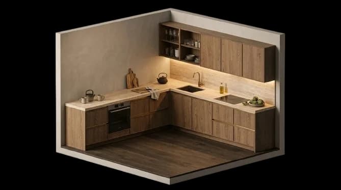 Isometric cutaway of a modern fitted kitchen run with flat edge-banded oak fronts
