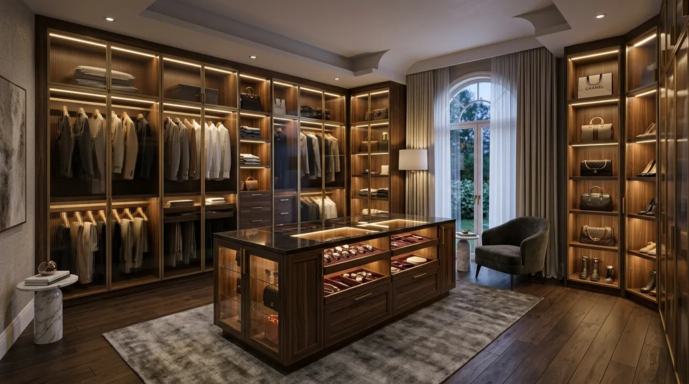 Ultra-luxurious bespoke walk-in dressing room with fluted glass doors and central jewelry dresser island