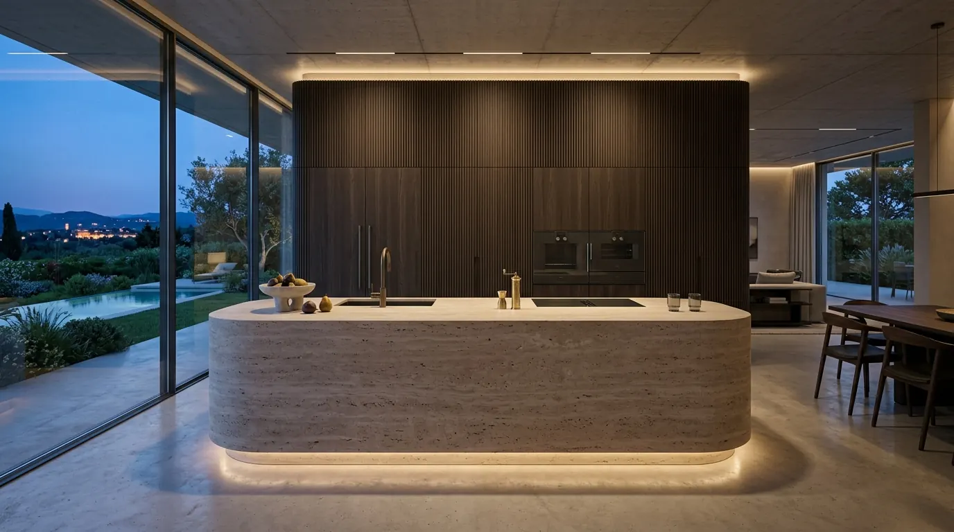 High-end bespoke kitchen in dark oak with sculptural curved travertine stone kitchen island