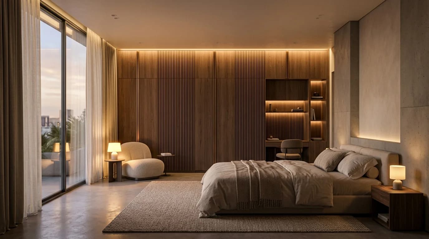 Cozy ultra-luxury master bedroom suite with bespoke fluted oak wardrobe wall and ambient cove lighting