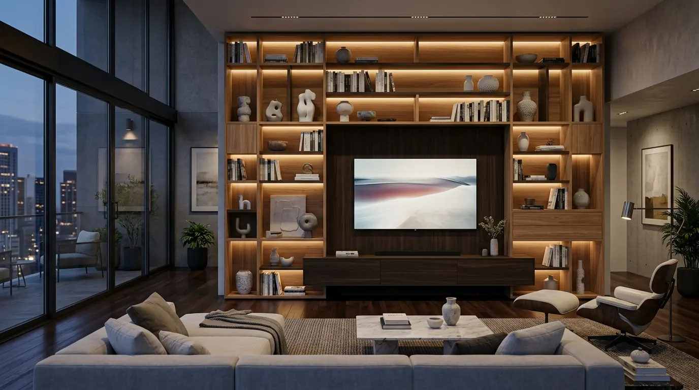 Luxury living room with floor-to-ceiling bespoke modular media wall and architectural bookcase system