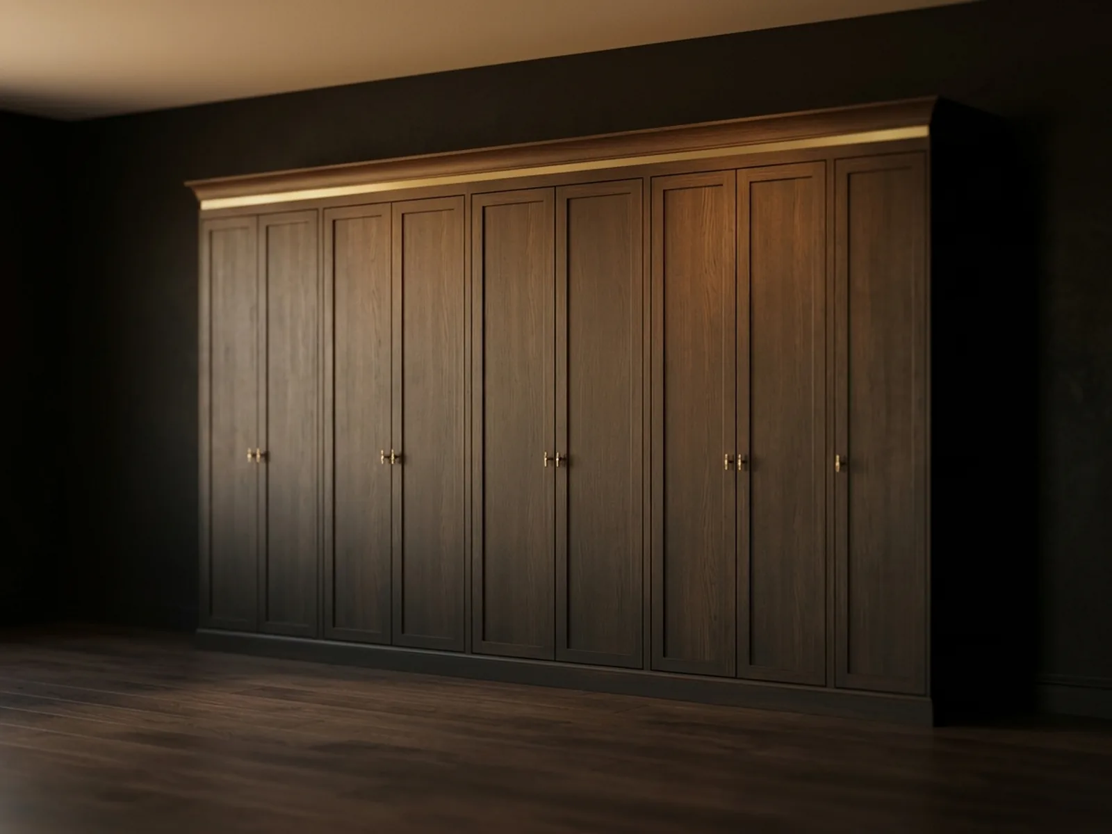 Isometric wardrobe run split into standard modules along a wall, with dimension lines beneath it