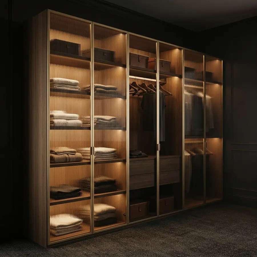 Walk-in dressing suite with fluted bronze glass doors