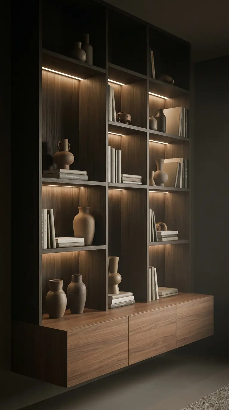 Media and bookcase wall with asymmetric illuminated niches